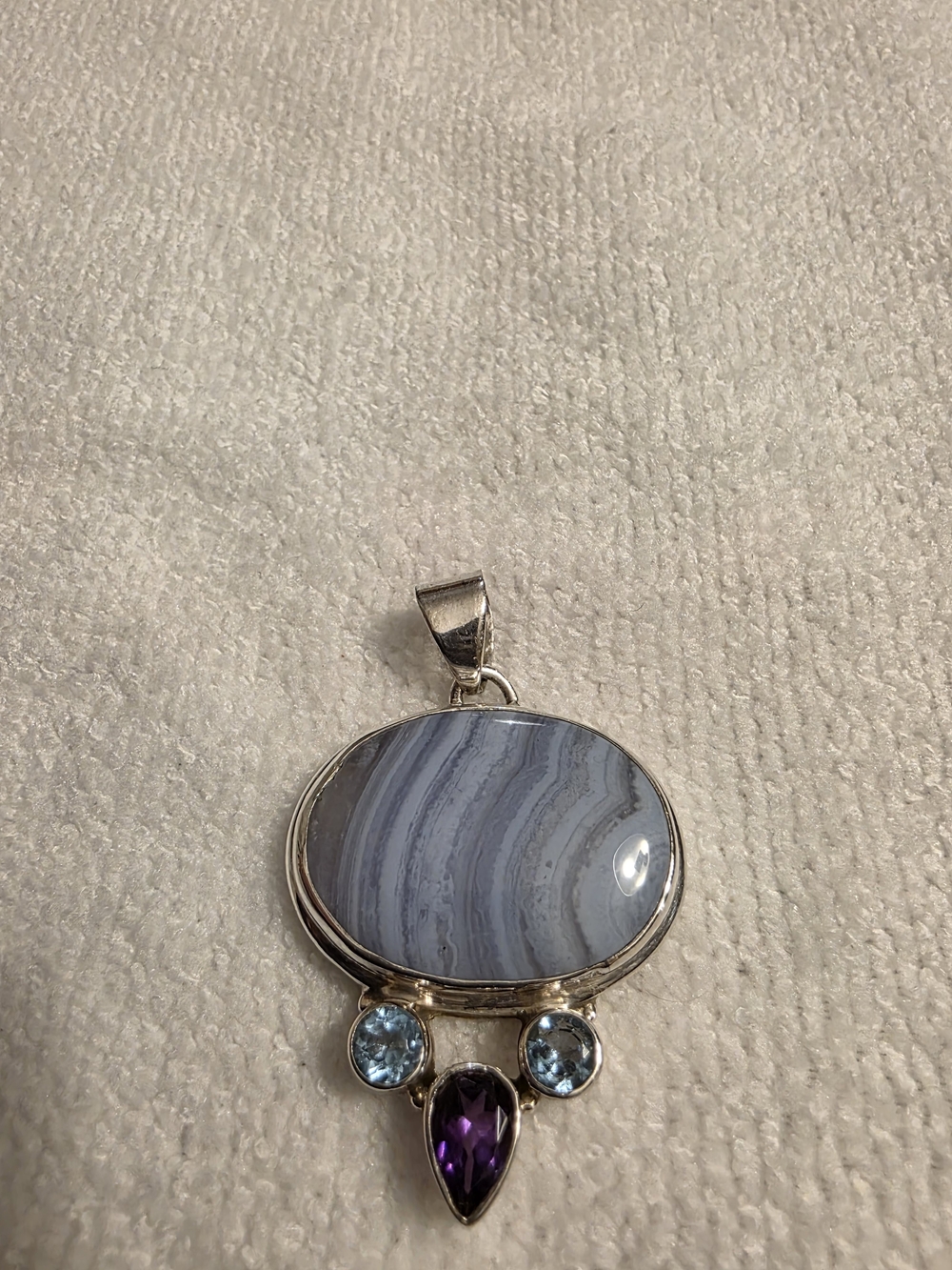 SAJEN Sterling Silver Blue Lace Agate Pendant Amethyst And Blue Topaz Gemstones